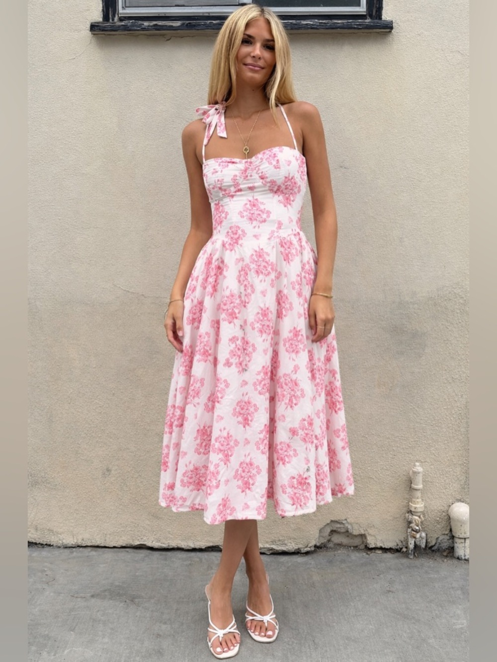 Pink Floral Halter Midi Dress Size S Cottagecore Summer